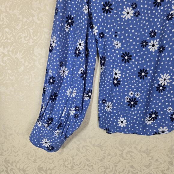 Talbots Poet Sleeve Faux Wrap Top sz L Blue White Flowers Dots Boho - Picture 6 of 15